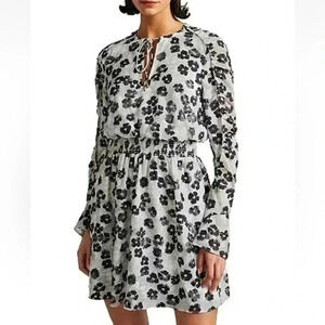 NWT Ted Baker Felici Floral Long Ruched Bell Sleeves Mini Dress, Size 1 US Sz 4